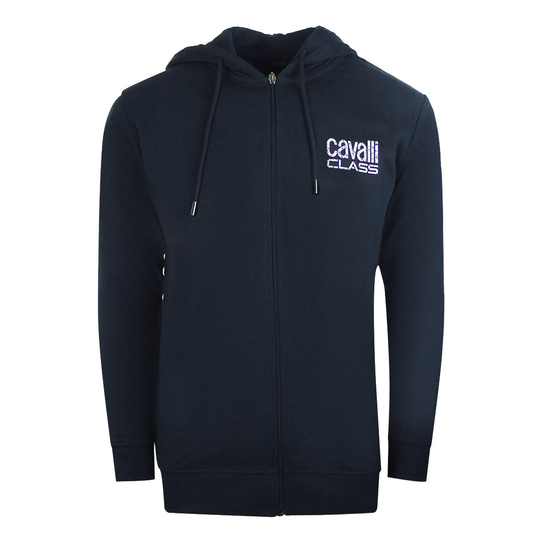 Cavalli Class Floral Bold Logo Navy Blue Zip Up Hoodie SXT66I CF052 04926