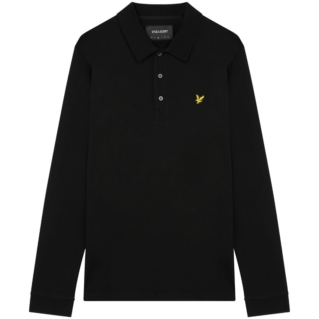 Lyle Scott Branded Chest Logo Jet Black Long Sleeve Polo Shirt - Style Centre Wholesale