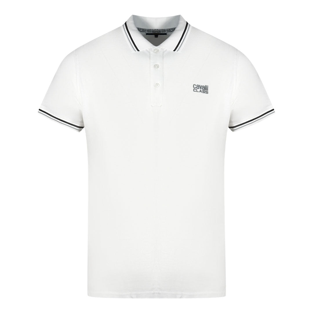 Cavalli Class Twinned Tipped Collar Grey Logo White Polo Shirt QXT64T KB002 00053