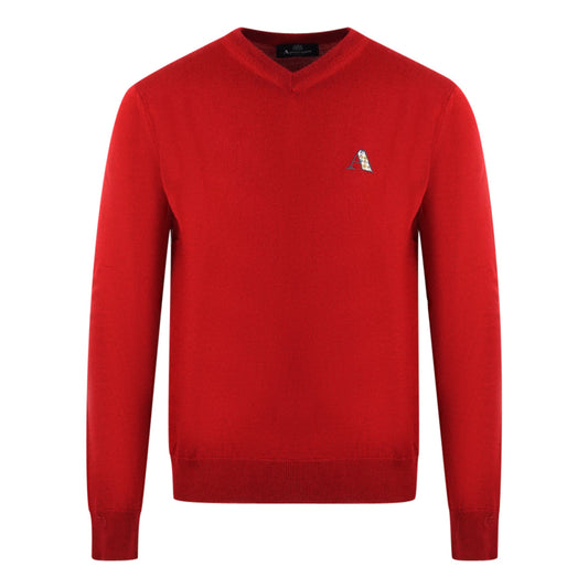 Aquascutum Check Logo Red V Neck Jumper
