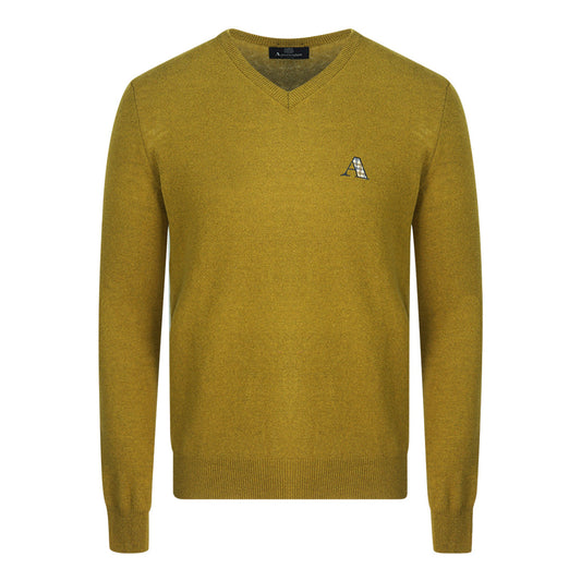Aquascutum Check A Logo Dark Yellow V-Neck Jumper - Nova Clothing