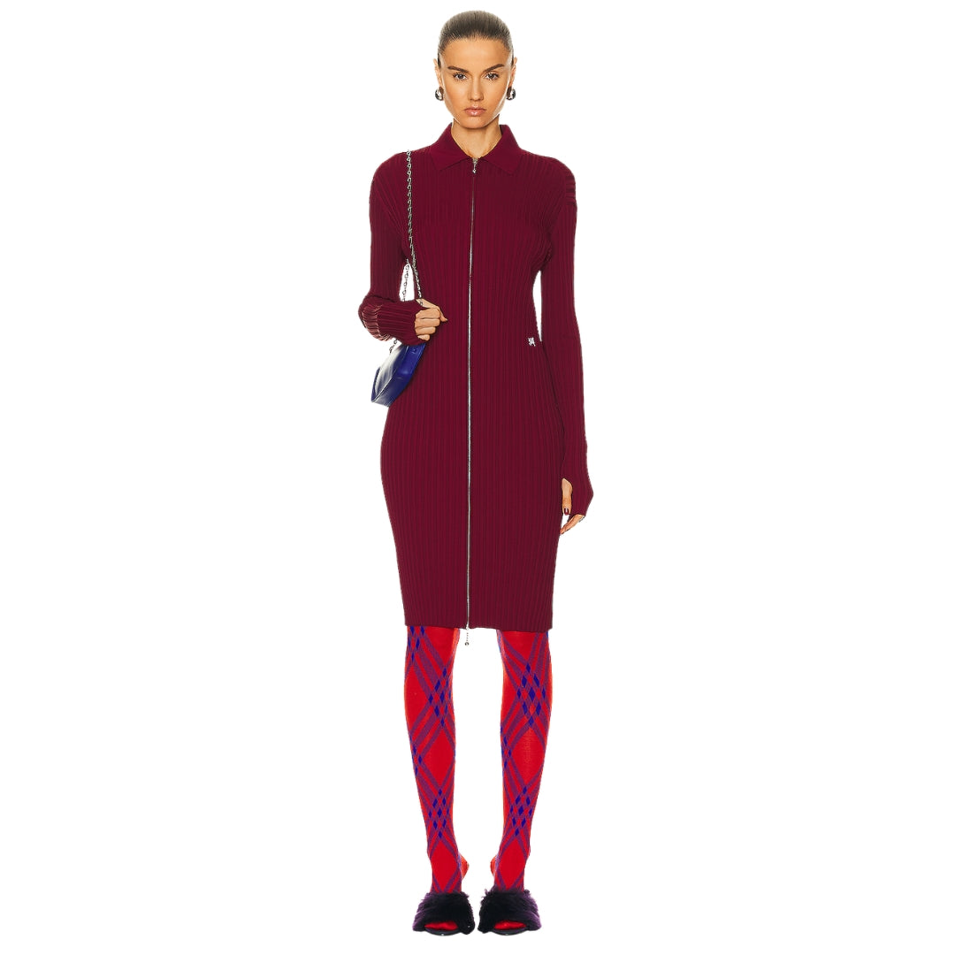 BURBERRY 8084709 Burberry Ribbed EKD Long Sleeve Dress RIPPLE (Burgundy) RIBBED DRESS WOMENS M