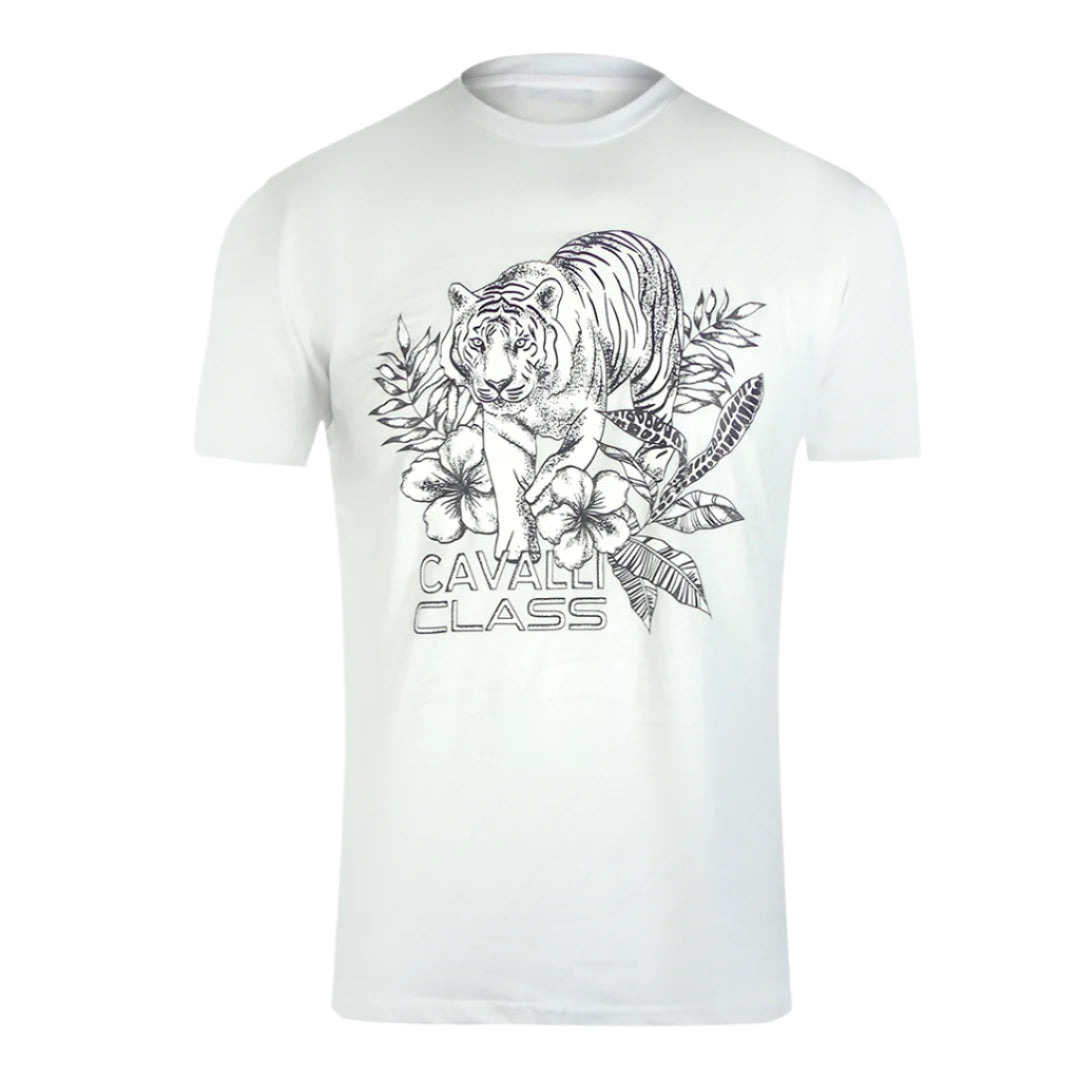 Cavalli Class Tiger Floral Logo White T-Shirt TXT60R JD060 00533 - Style Centre Wholesale
