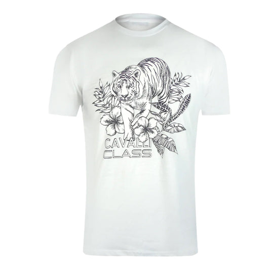 Cavalli Class Tiger Floral Logo White T-Shirt TXT60R JD060 00533 - Style Centre Wholesale