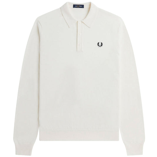 Fred Perry Plain White Long Sleeve Knitted Polo Shirt XS