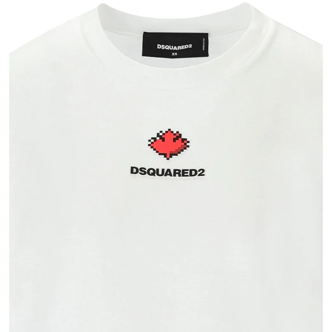 DSQUARED2 Pixel Leaf Logo Print Crew Neck White  T-Shirt S
