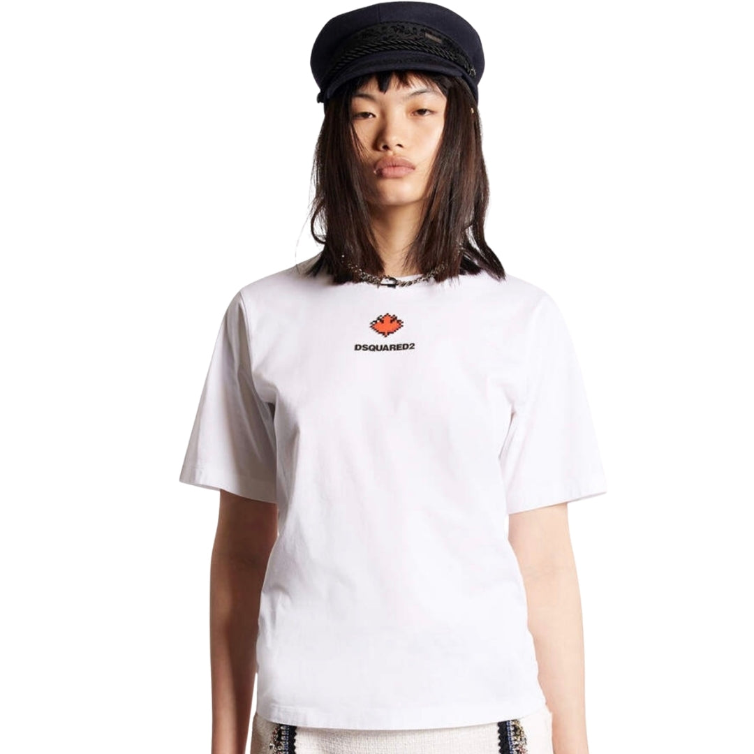 DSQUARED2 Pixel Leaf Logo Print Crew Neck White  T-Shirt S
