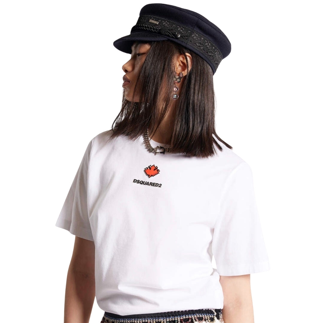 DSQUARED2 Pixel Leaf Logo Print Crew Neck White  T-Shirt S