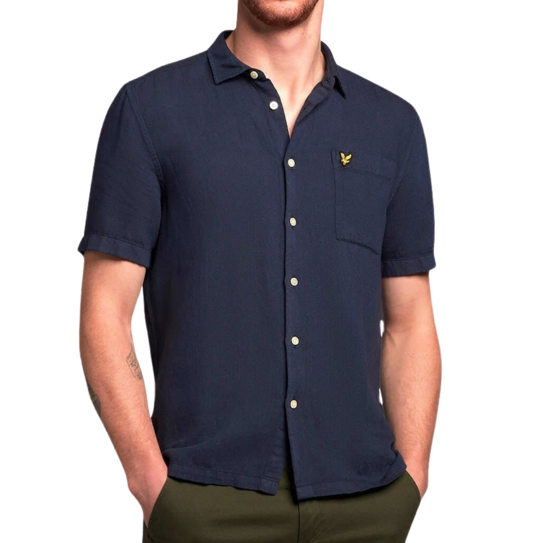 Lyle & Scott Short Sleeve Dark Navy Oxford Linen Shirt XS