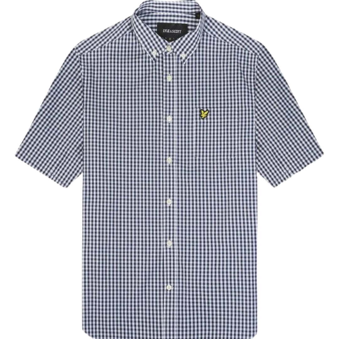 Lyle Scott Short Sleeve Slim Fit Navy Gingham Shirt - Style Centre Wholesale