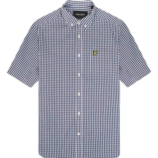 Lyle Scott Short Sleeve Slim Fit Navy Gingham Shirt - Style Centre Wholesale