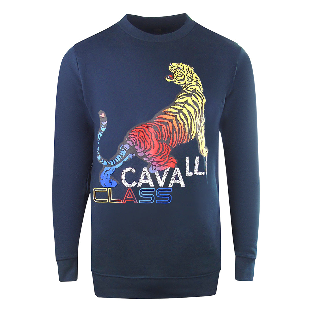 Cavalli Class Bold Tiger Design Navy Blue Sweatshirt - Style Centre Wholesale