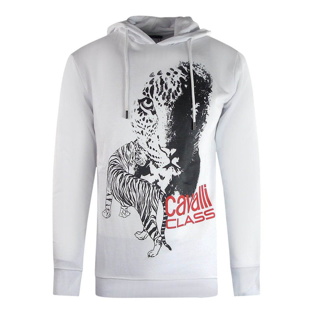 Cavalli Class Large Tiger Logo White Hoodie - Style Centre Wholesale