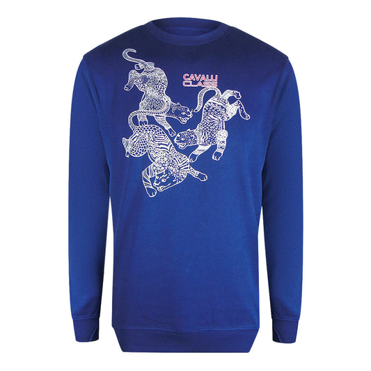 Cavalli Class Txt66B Cf050 04551 Iris Blue Round Neck Sweatshirt Mens - Style Centre Wholesale