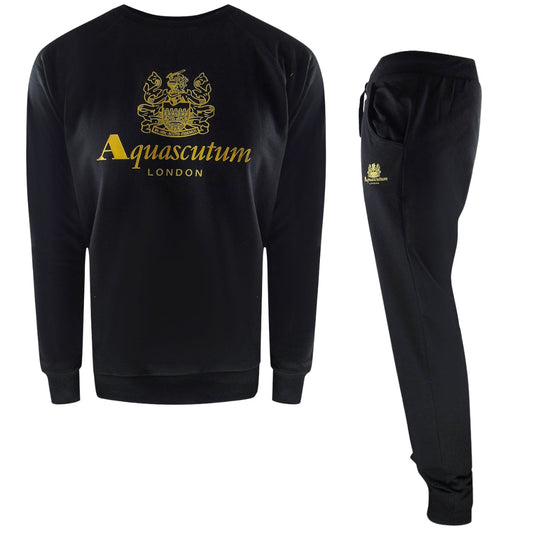 Aquascutum London Logo Crewneck Black Track Pants Set - Style Centre Wholesale