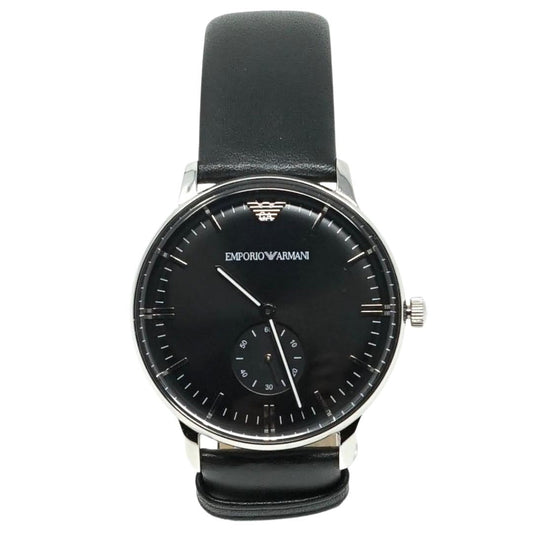 Emporio Armani Ar0382 Two Hand Black Leather Strap Watch