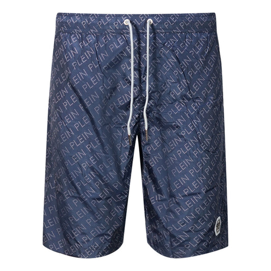 Philipp Plein Repetitive Logo Long Navy Swim Shorts