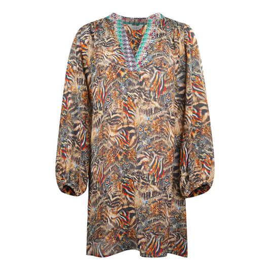 Inoa Golden Eagle Brown Long Sleeve Silk V Neck Dress