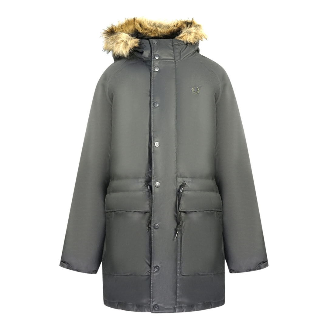 Fred Perry J2583 102 Padded Waxed Cotton Hooded Black Parka Jacket