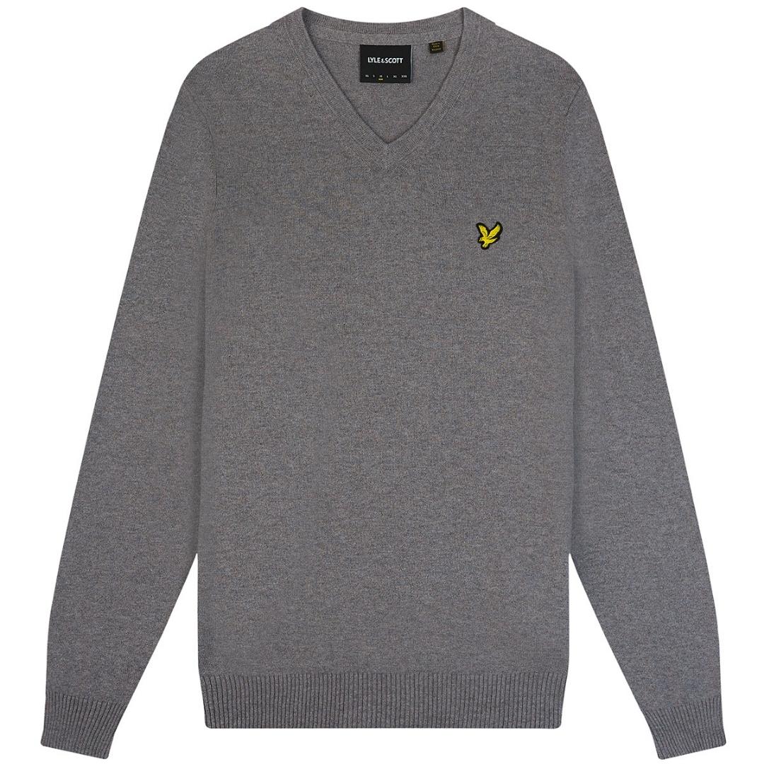 Lyle Scott Cotton Merino Mid Grey Marl V Neck Jumper