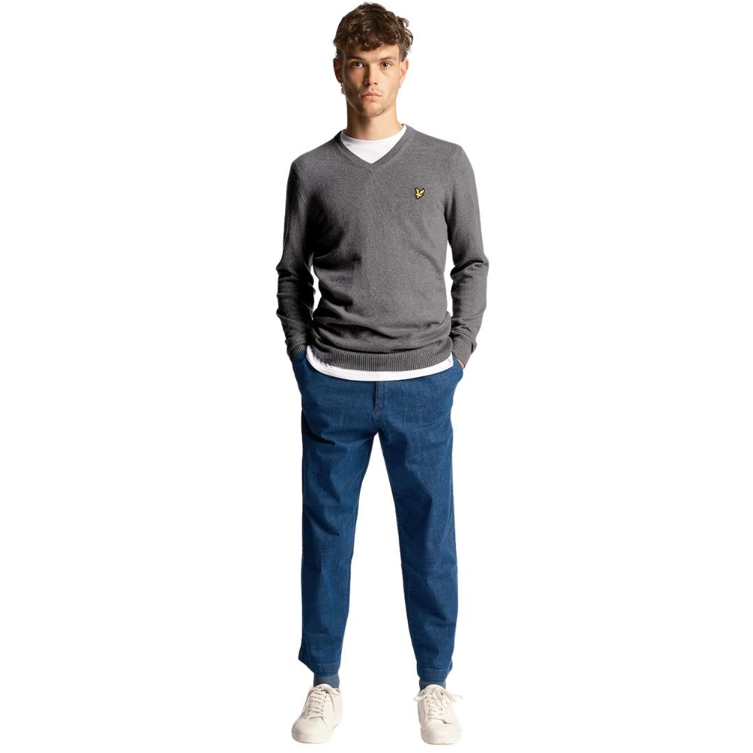 Lyle Scott Cotton Merino Mid Grey Marl V Neck Jumper