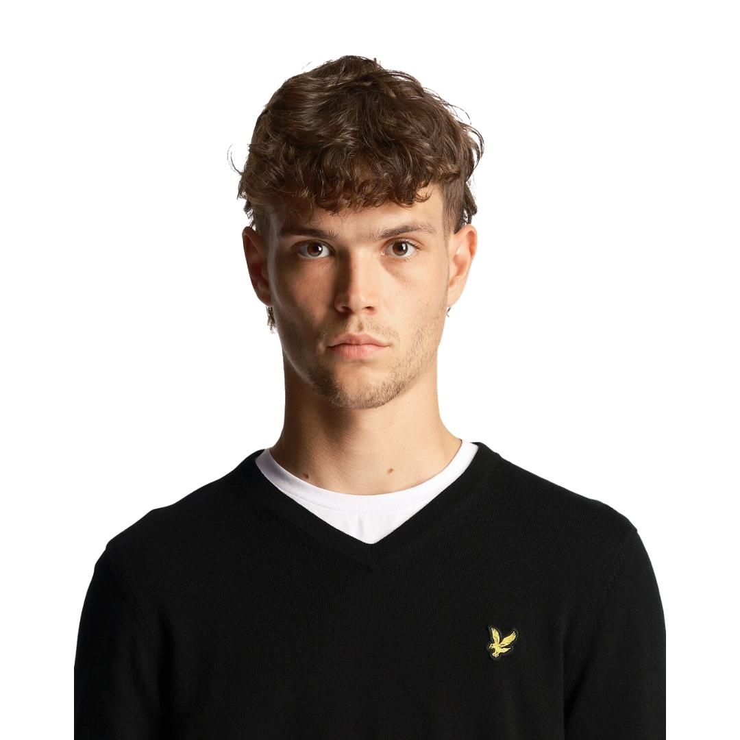 Lyle Scott Cotton Merino Jet Black V Neck Jumper
