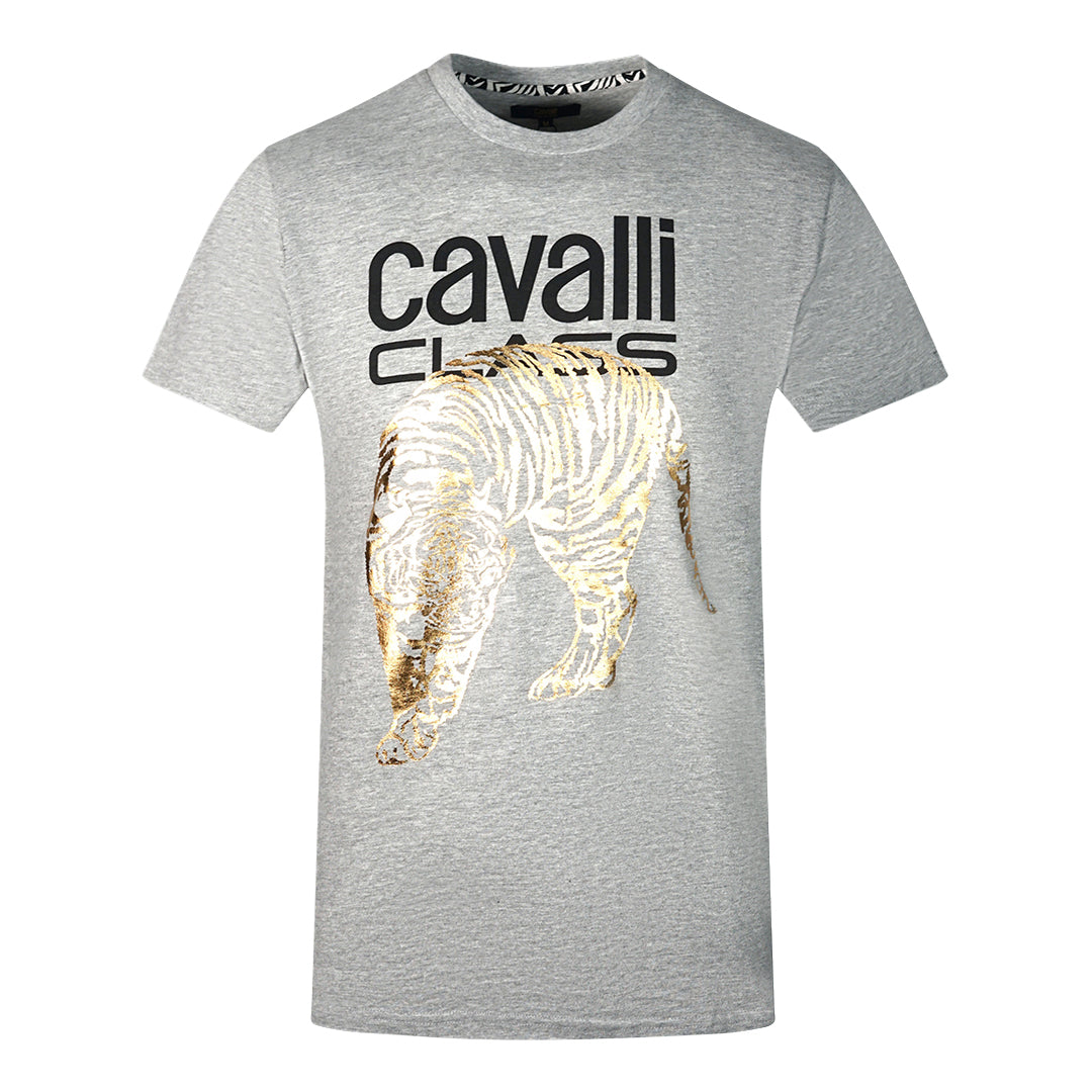 Cavalli Class Large Gold Tiger Stencil Logo Grey T Shirt