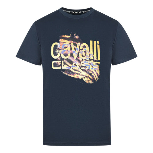 Cavalli Class Slashed Tiger Print Bold Logo Navy T Shirt - Style Centre Wholesale