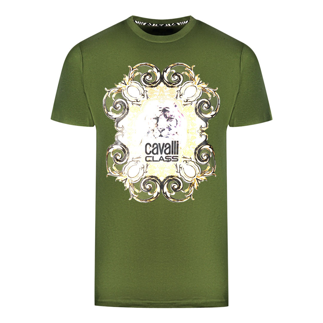Cavalli Class Bold Tiger Emblem Design Green T Shirt