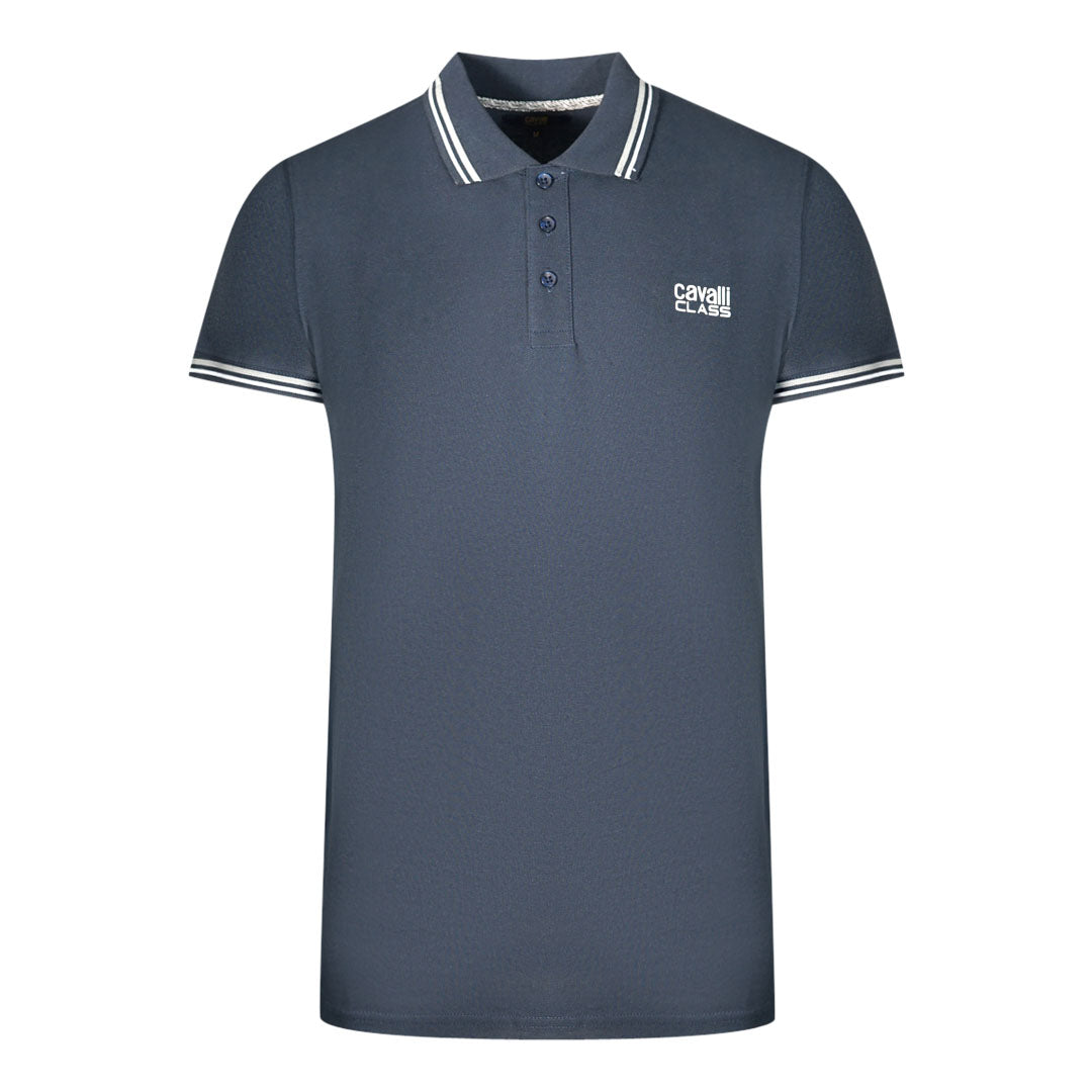 Cavalli Class Twinned Tipped Collar Black Logo Navy Blue Polo Shirt