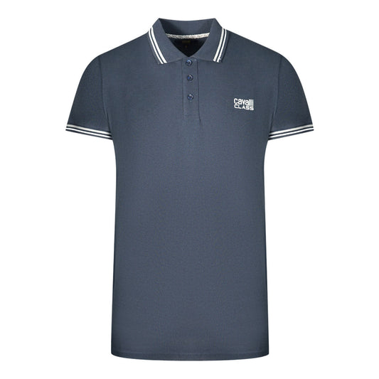 Cavalli Class Twinned Tipped Collar Black Logo Navy Blue Polo Shirt