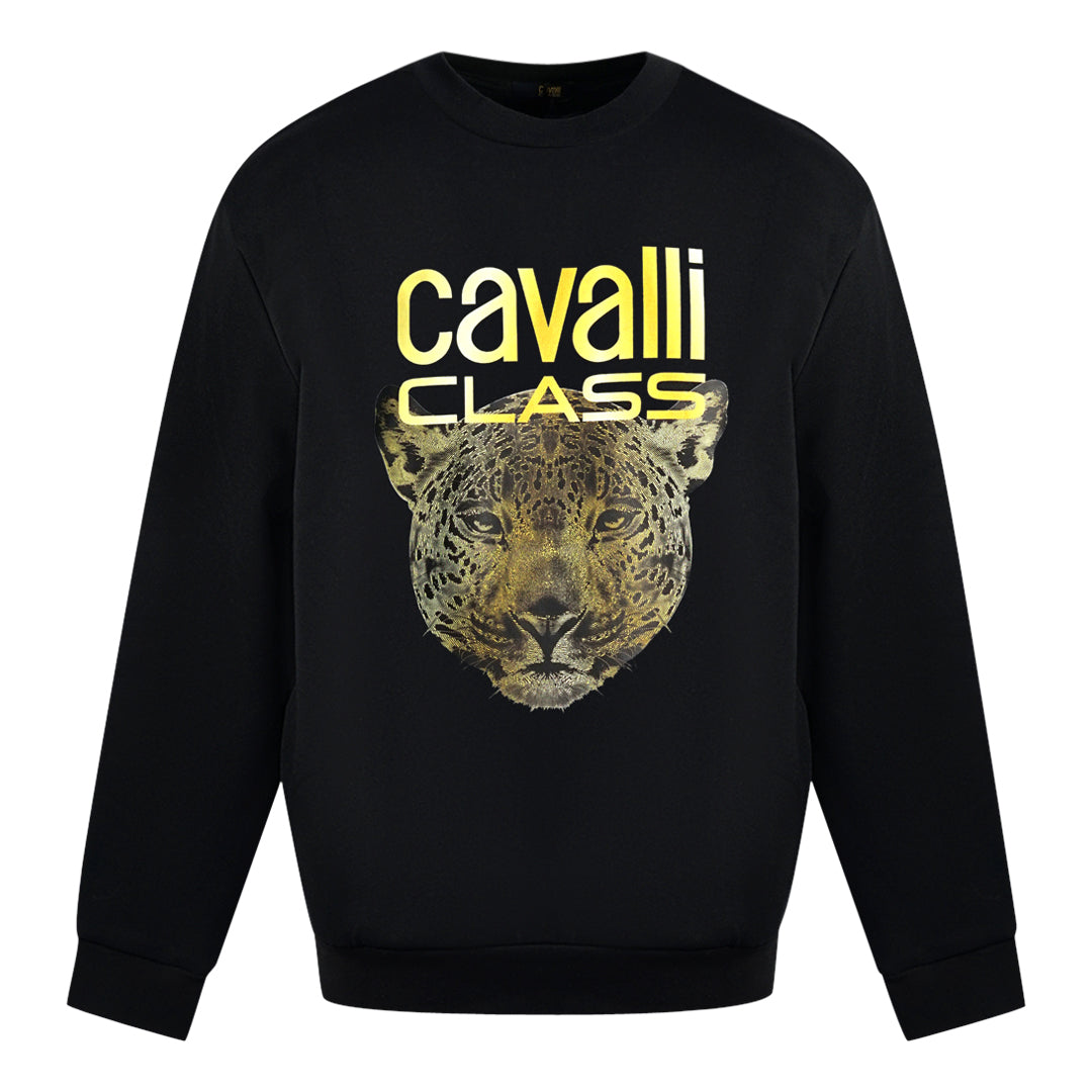 Cavalli Class Leopard Print Logo Black Jumper - Style Centre Wholesale