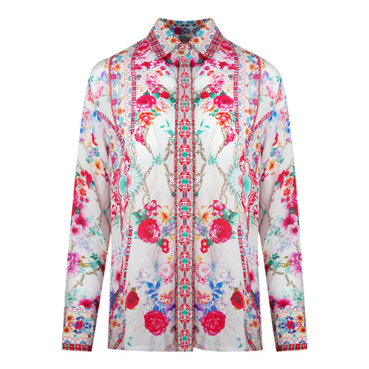 Inoa Rosetto Gardenia White Floral Long Sleeve Blouse Silk Shirt