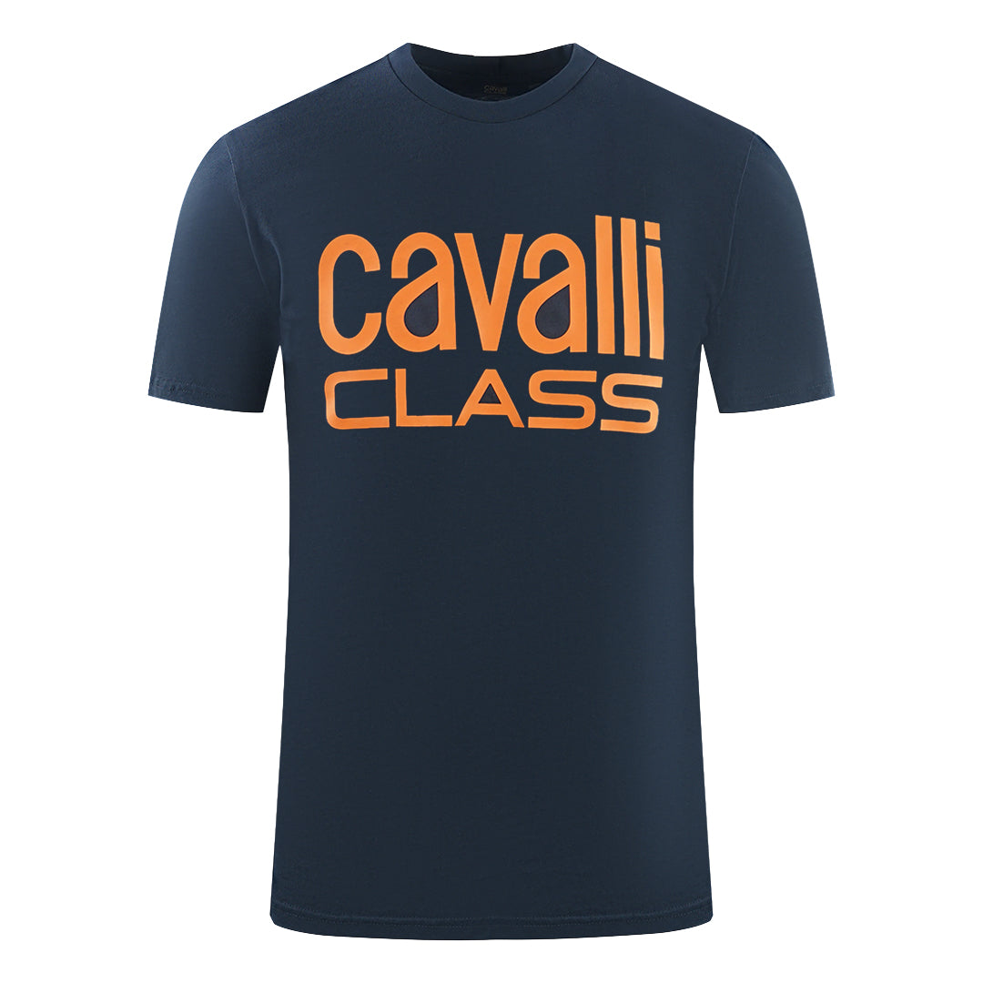 Cavalli Class Bold Orange Logo Navy Blue T Shirt