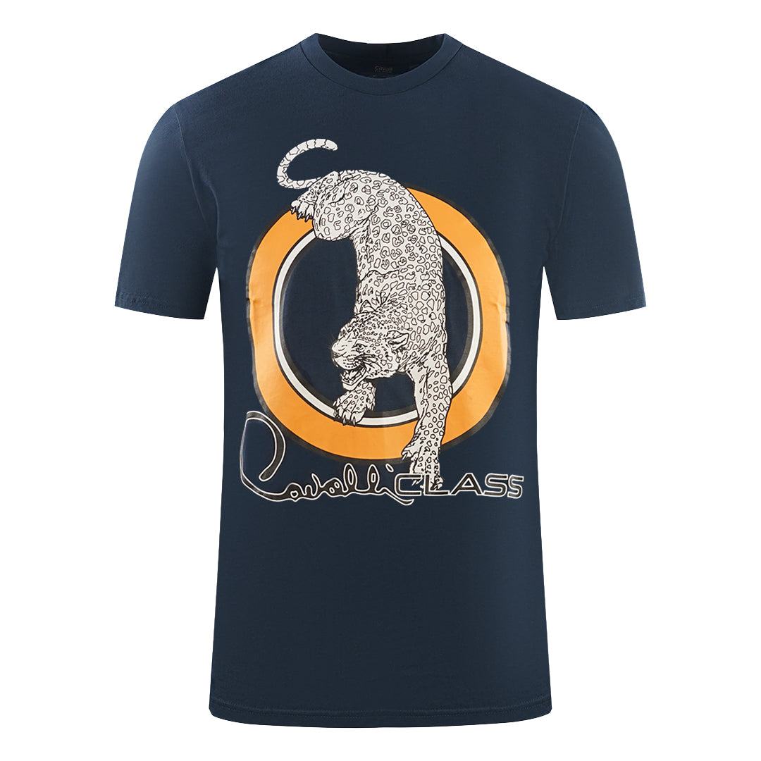 Cavalli Class Circular Leopard Logo Navy Blue T Shirt - Style Centre Wholesale