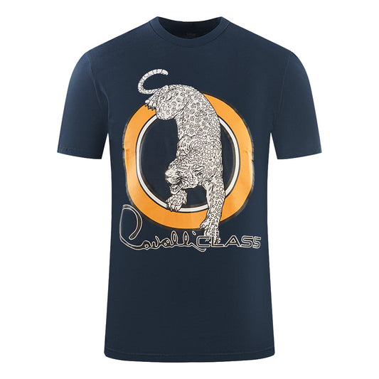 Cavalli Class Circular Leopard Logo Navy Blue T Shirt - Style Centre Wholesale