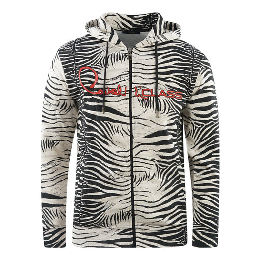 Cavalli Class Zebra Print Zip Up Black Hoodie - Style Centre Wholesale