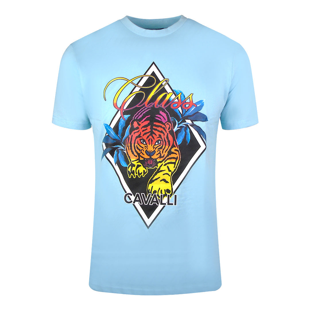 Cavalli Class Diamond Tiger Design Light Blue T Shirt Sxt60H Jd060 05048 - Style Centre Wholesale