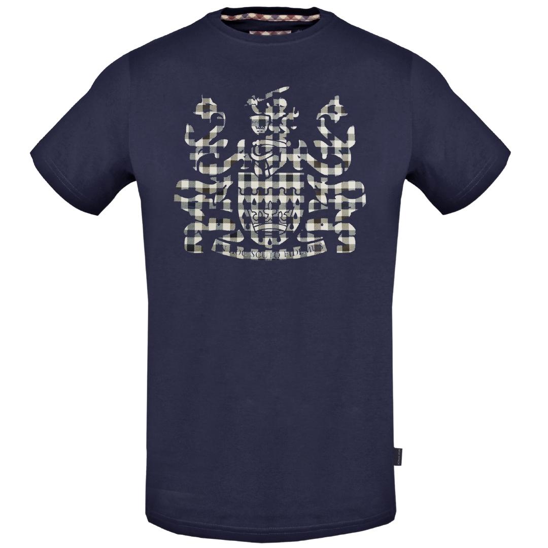 Aquascutum Check Aldis Crest Navy Blue T Shirt