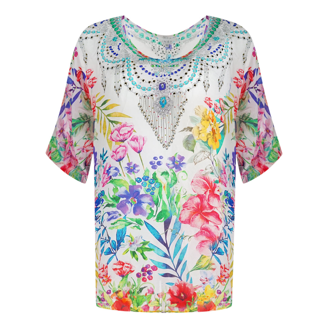 Inoa White Floral Multicoloured Long Sleeve Silk Fish Top White Floral 1947