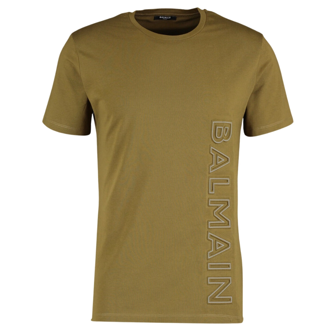 Balmain Brand Embossed Logo Khaki Green T-shirt YH1F0228794 EAB - Style Centre Wholesale